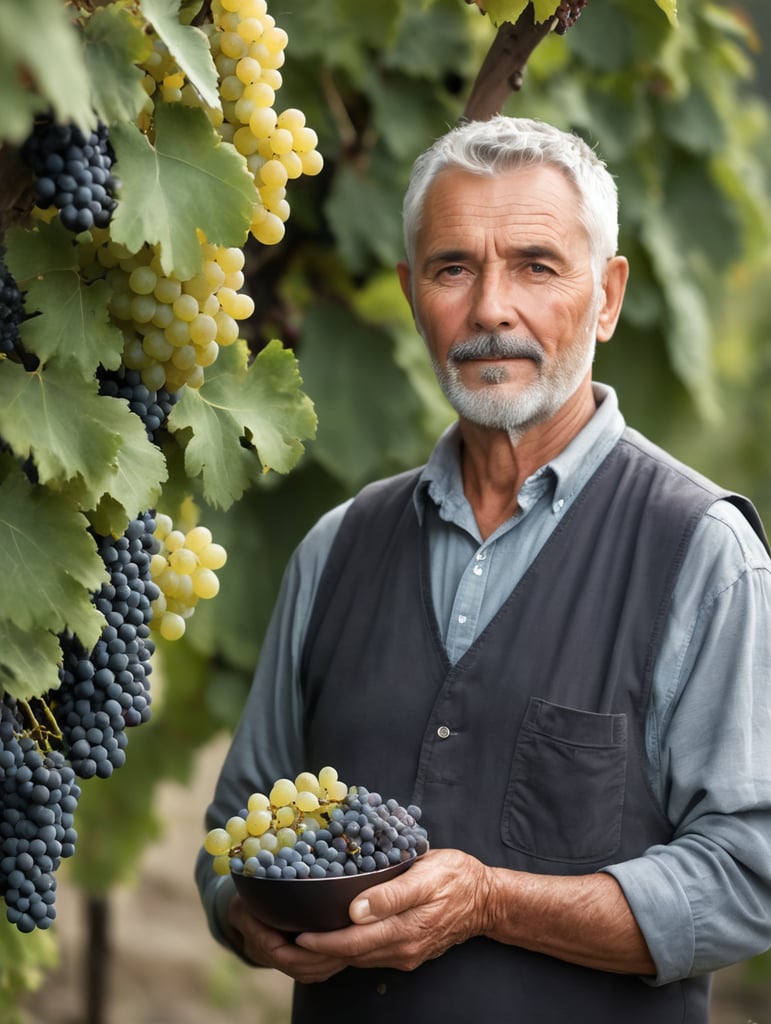 Portrait of an elderly winemaker with gray short hair, man holding a bunch of grapes, looking at the grapes