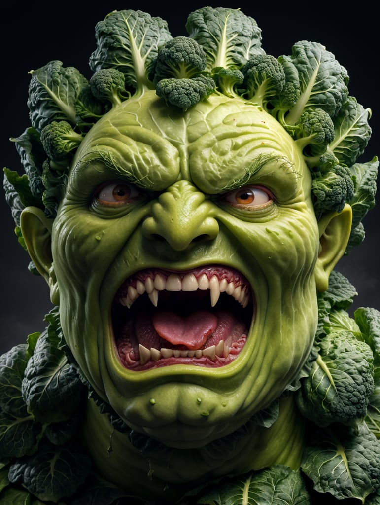 anthropomorphic evil cabbage with a huge head screams loudly, comic style, high resolution, hyperdetalization, photorealistic, high resolution