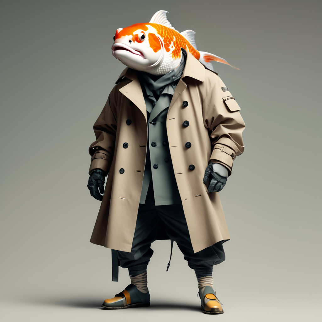 A koi fish with legs wearing a trench coat