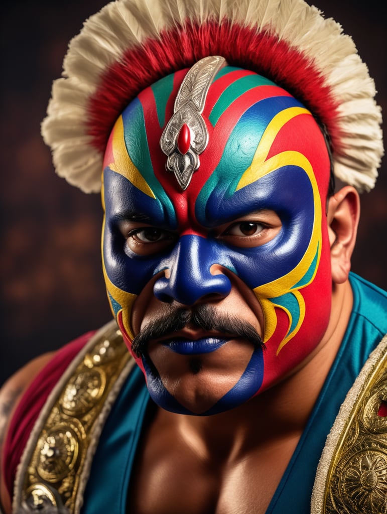 Portrait of a mexican wrestler, Mexican cartel gimmick,tag team, frontphoto, Vivid saturated colors, Contrast color, studio photo, professional photo, Rich colors, Detailed image