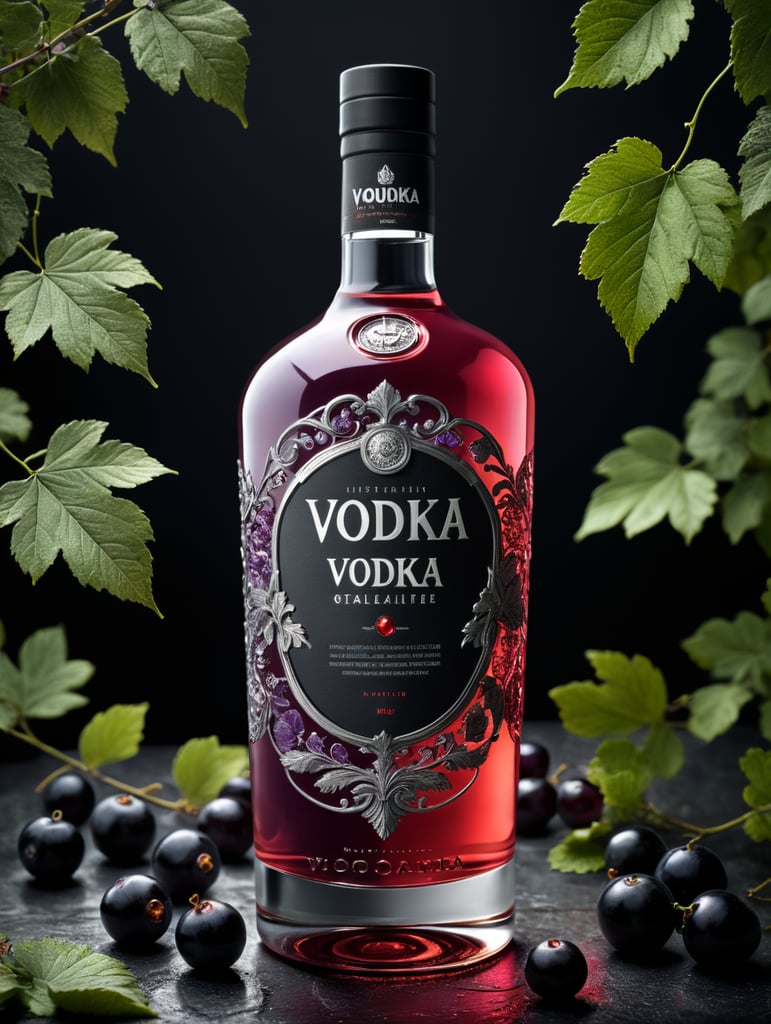 Packaging and branding for a vodka brand as if it had been designed by HI ESTUDIO with In a set design with bricks, black currant and dry leaves.