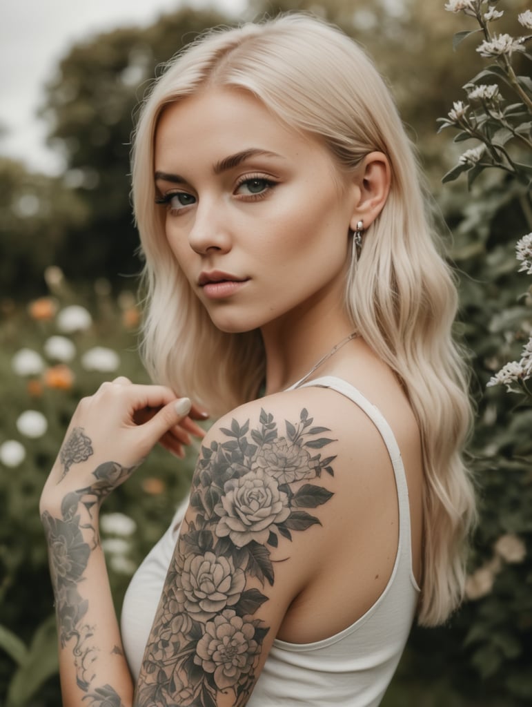 Blonde Girl with 1312 tatoo on left arm in Garden