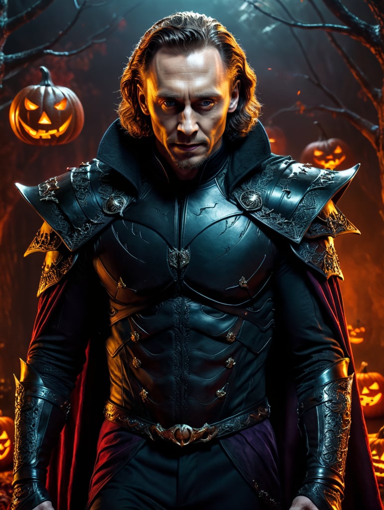 Tom Hiddleston wearing spooky Halloween costume, Halloween, Sinister, dynamic pose, saturated colors, Spooky theme