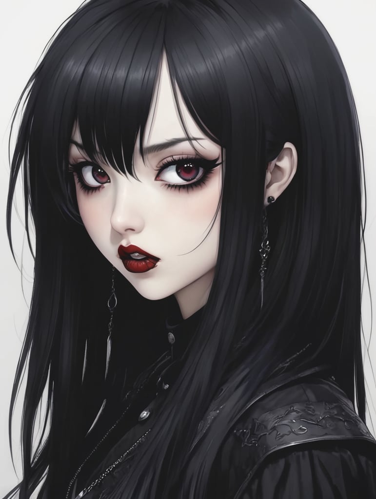 anime girl with long black hair sticking out tongue, this is Junji style, anime vampires, goth girl, in anime series Ergo Proxy, goth girl aesthetic, gothic anime girl, raven black hair, crazy anime style, goth girl