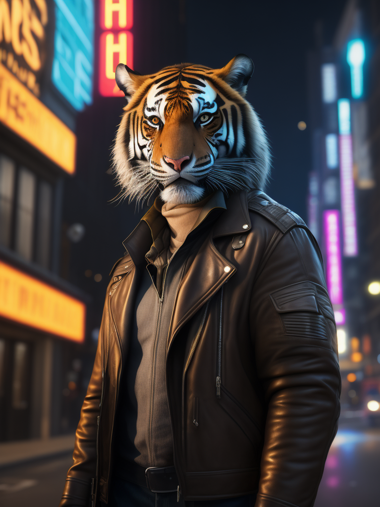 tiger leather jacket stands street front neon sign that says i am tiger
