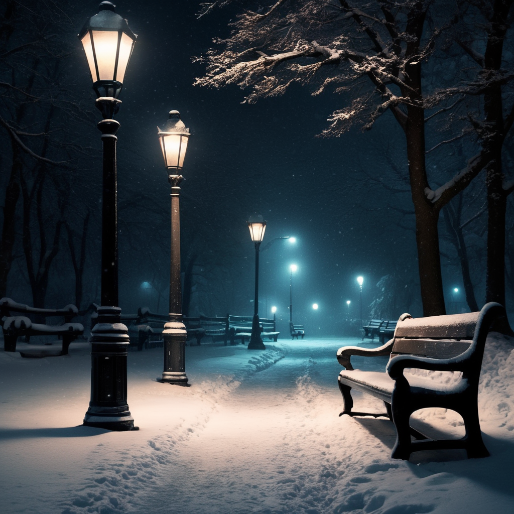 one lamp post in the dark black night, bench, snowing heavily, dark vignette, winter night, dark tones