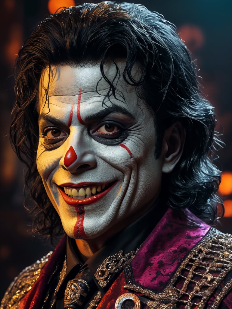 Old Michael Jackson as a creepy evil character wearing spooky Halloween costume, evil smile, creepy tiny nose, Vivid saturated colors, Contrast color