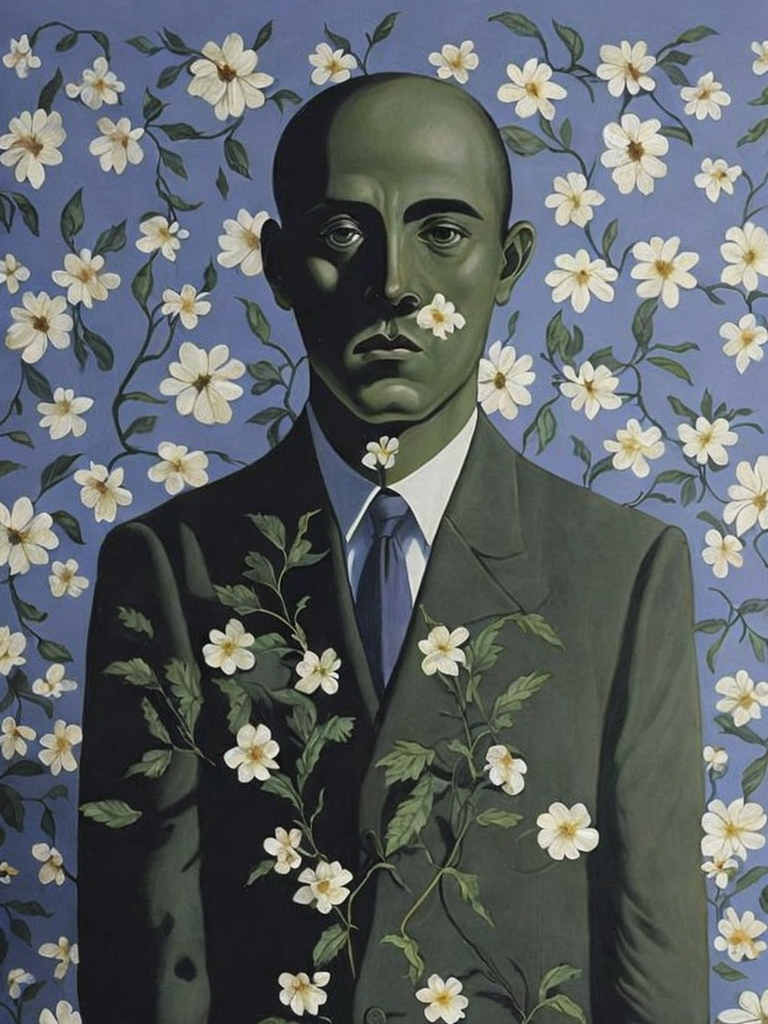 Man with body covered by flowers, painted by rené magritte