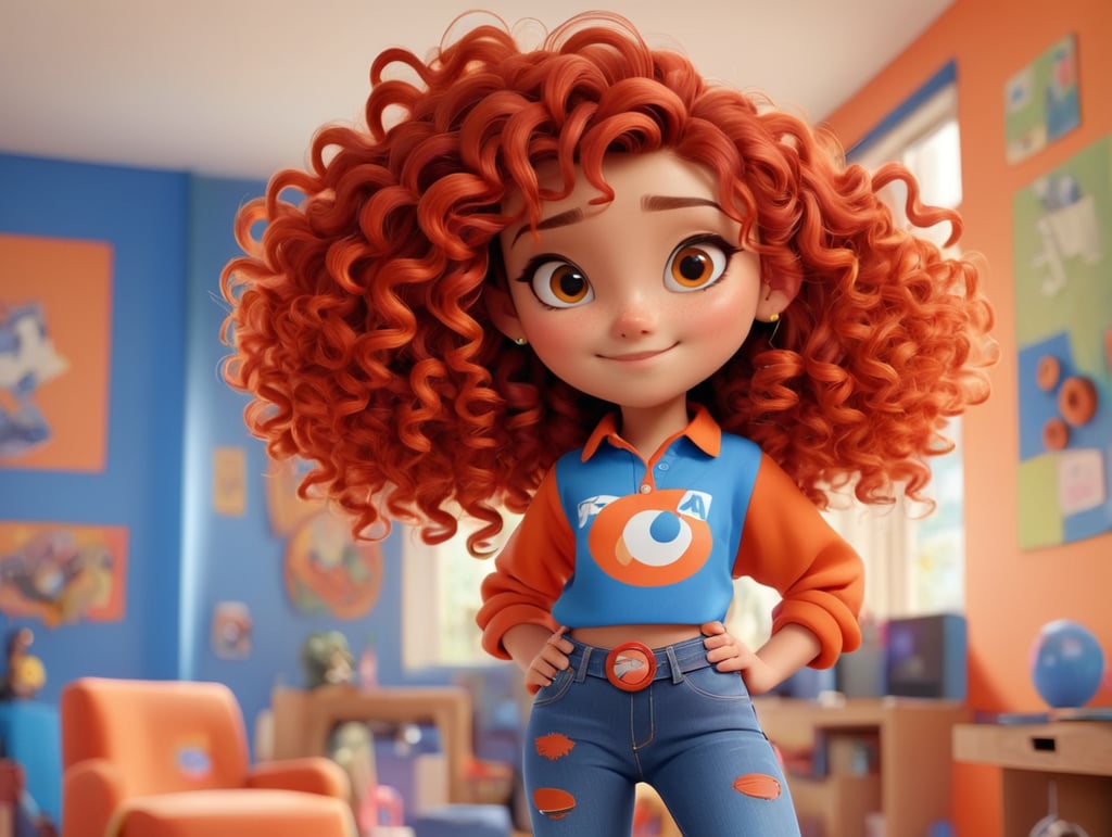 pixar image of a 22-years-old girl oval face with mix red and white color curly hair tying with band , wearing orange shirt and a blue jeans , doing graphic designing in a beautiful and colorful room