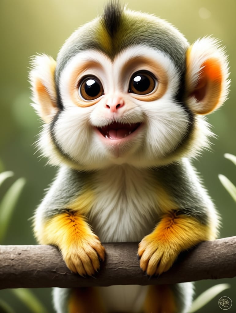 cute, fluffy, Central American squirrel monkey, full view, chibi style, disney style, cartoon style, pixar style, with background