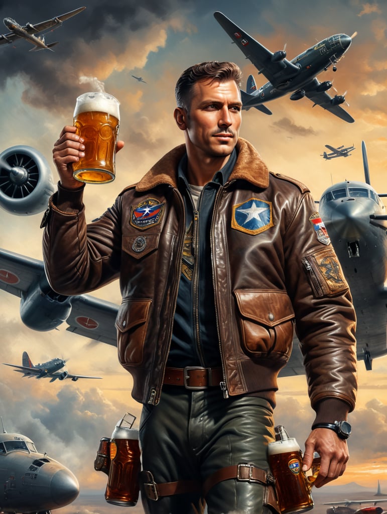 vintage poster, a pilot dressed in a flying bomber leather jacket holds a mug of beer in his hands, in the background a plane