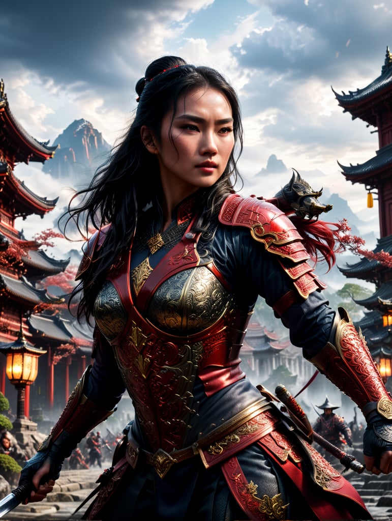 an ultra realistic wide angle epic full body battle shot of Mulan, intricate details, wearing a highly ultra realistic intricate detailed stunning red Samurai costume, ultra detailed sword, smooth edges and curves, surrounded by warriors, war battleground, dark, gothic, Old Japanese architecture palace buildings, photorealistic, cinematic, centered, wet ground, symmetrical volumetric lighting, ambient occlusion, unreal engine, photographed by Akira Kurosawa, inspired by Ran movie, bokeh, particuls, ultra detail