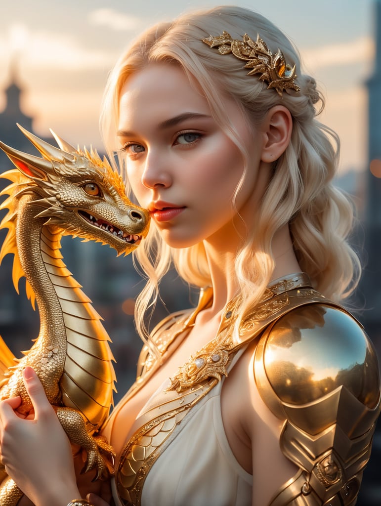 Cute young blonde headed cyberpunk girl holding her golden baby dragon, fantasy, exquisite detail, catch light, low contrast, high sharpness, depth of field, golden hour, ultra detailed photography, shiny stars in the sky