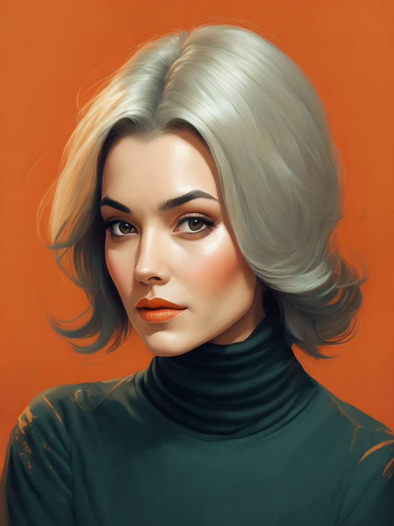 Colorful graphic illustration, pop art, late 50s caucasian woman in a turtleneck with shoulder length gray hair.