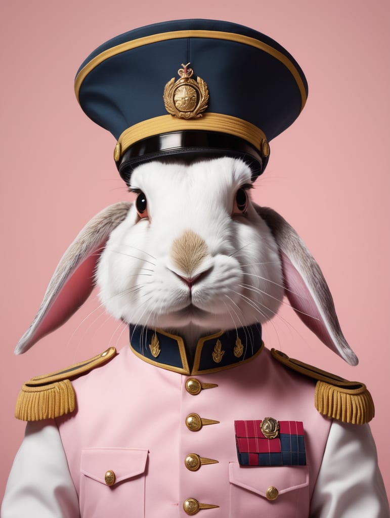Portrait of a rabbit in a hat and uniform of beast trainer, made in a realistic style on a uniform pink background