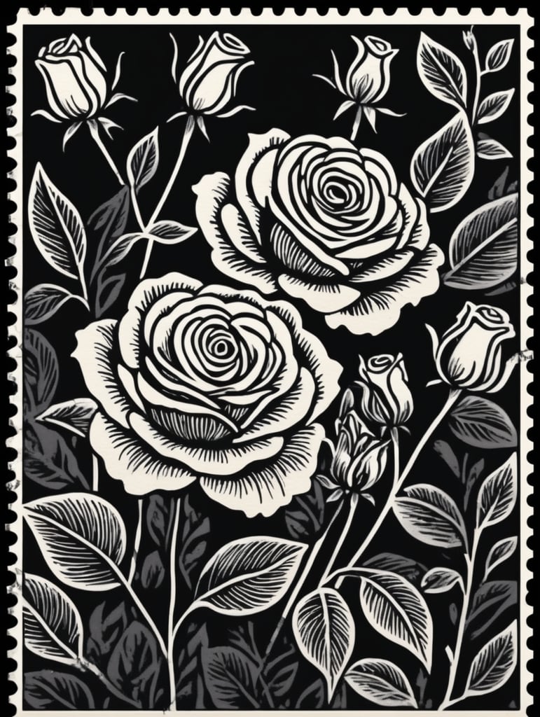 Black and white linocut postage stamp rose garden thick bold dark lines