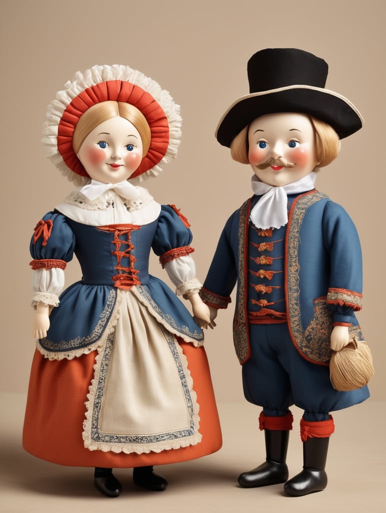 A pair of anthropomorphic dolls in the style of Dutch tradition, soft sculpture, historical subjects, Danish design, folklore theme, colorful caricature