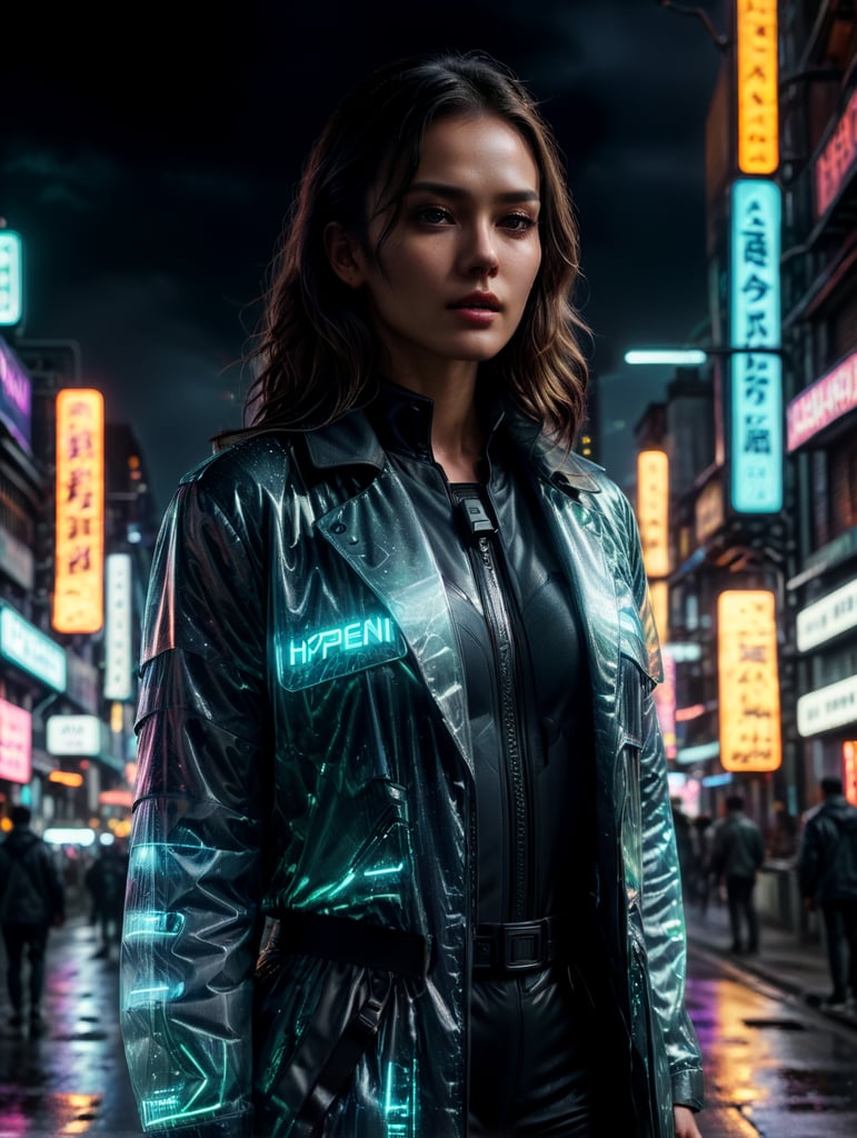 A women wearing translucent coat, standing on a street, neon cyber city, dark night, neon signs