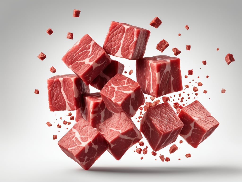 Falling meat beef cubes isolated on transparent or white background