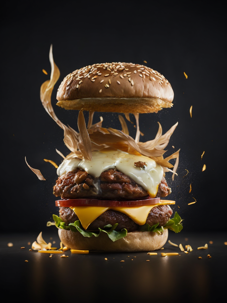 high quality cinematic food explosion, burger