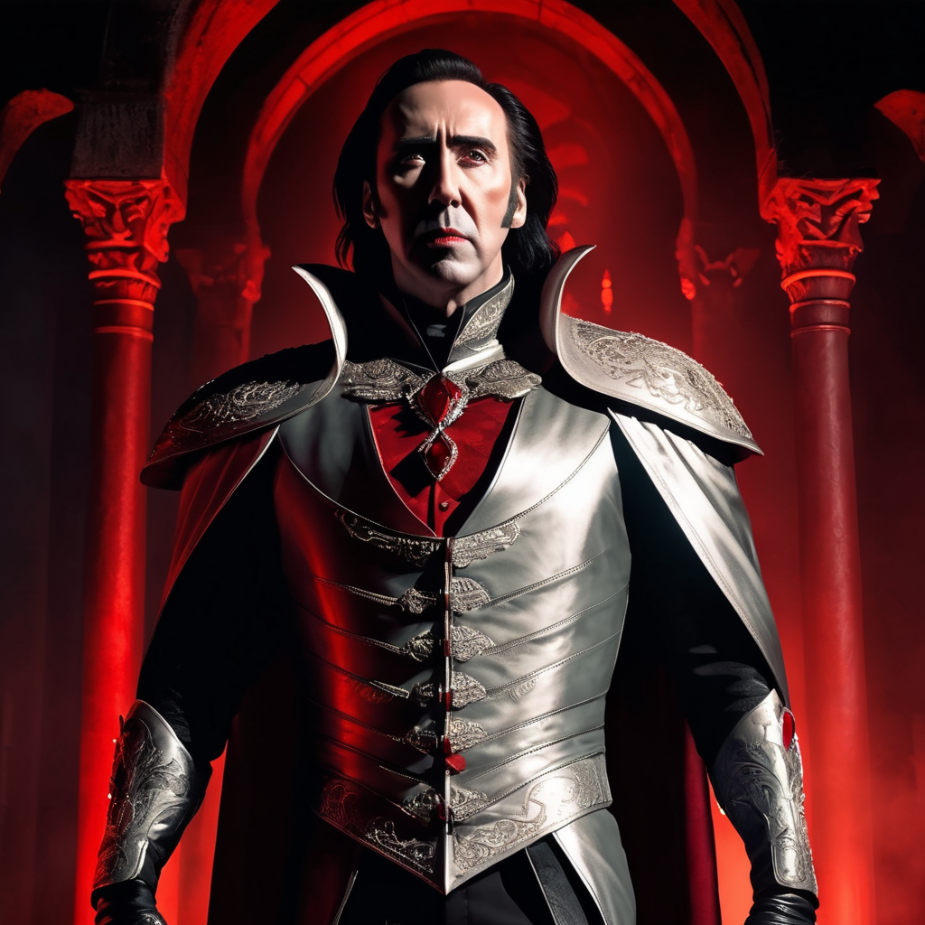 Nicolas Cage as Dracula, full body shot, red and backlighting, moody, grotesque