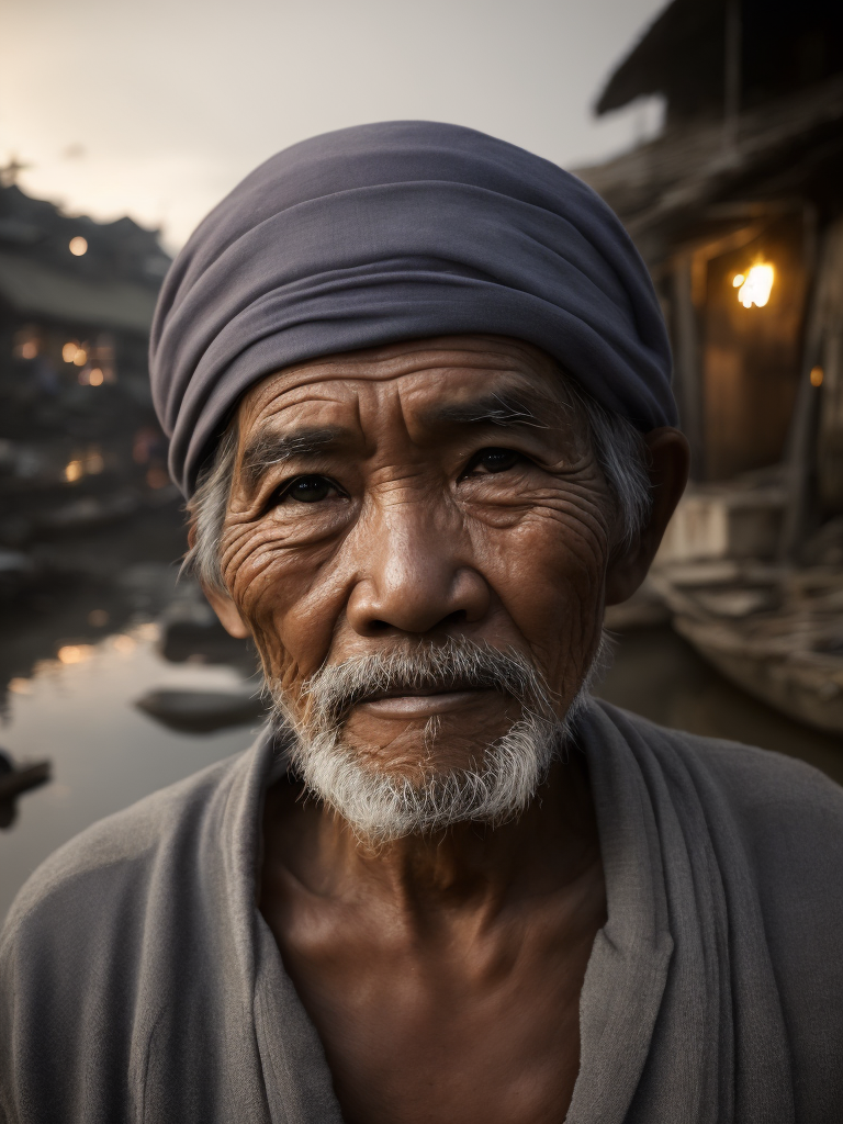 A close-up of a Vietnamese old man's face, illuminated by the light of a fire, with a backdrop of a dirty river and a shanty town.