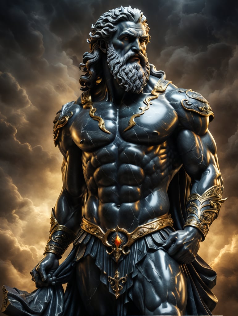 estatua de mármol oscuro zeus escultura detalles nítidos góticas estéticas mitología inspiradoras tonalidades oscuras iluminación dramática mármol obra maestra deidad legendaria impresión etérea