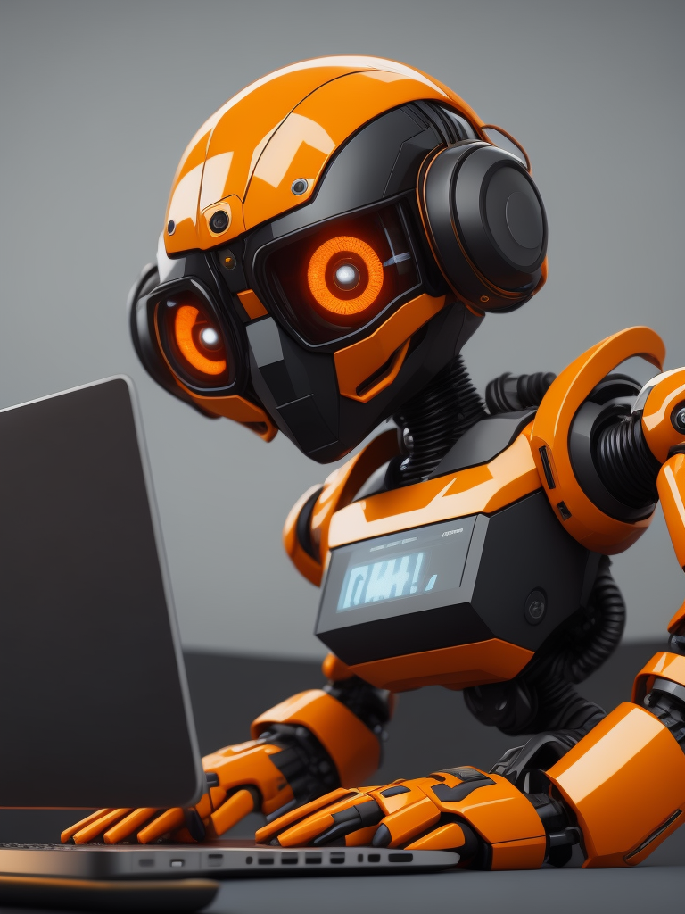 Orange and black AI robot typing on laptop , cute and lovely , simple, wearing jacket and glasses