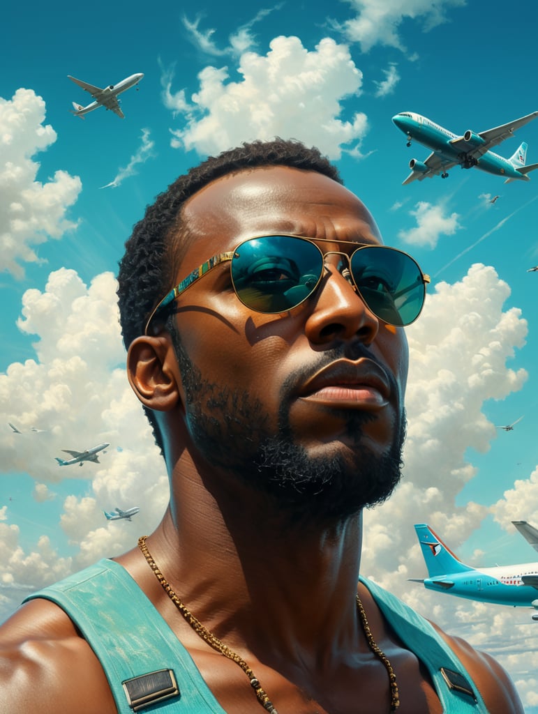 a black man raised his head up, looks at the sky, sunglasses, one airplane flies in a clear sky and leaves a mark, summer, turquoise shades, style of Richard Corben