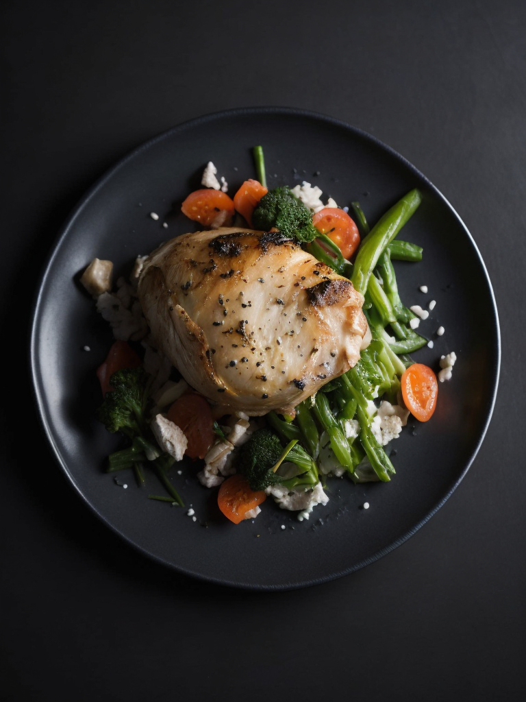 Chicken and Goat Cheese dish, photo, top view, dark plate, dark table