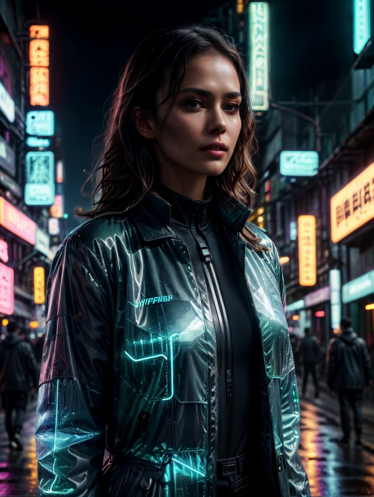 A women wearing translucent coat, standing on a street, neon cyber city, dark night, neon signs