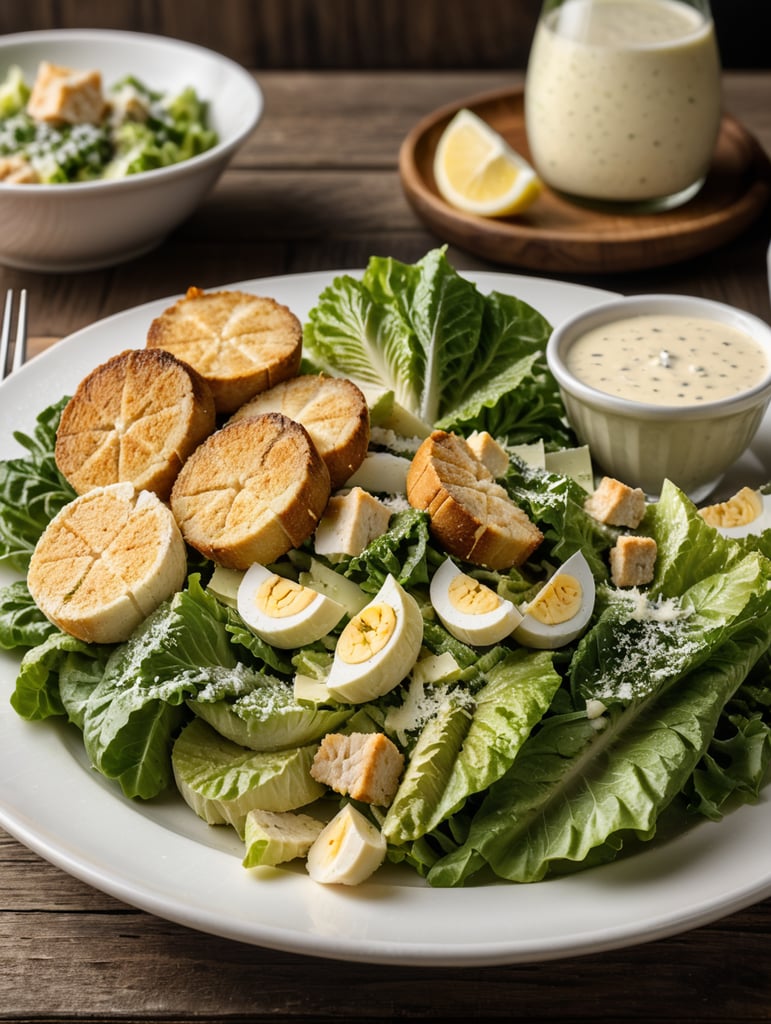Caesar Salad, small plate on a wooden table, Description: A classic favorite featuring crisp romaine lettuce, croutons, Parmesan cheese, and a creamy Caesar dressing. Often served with grilled chicken or shrimp for added protein.