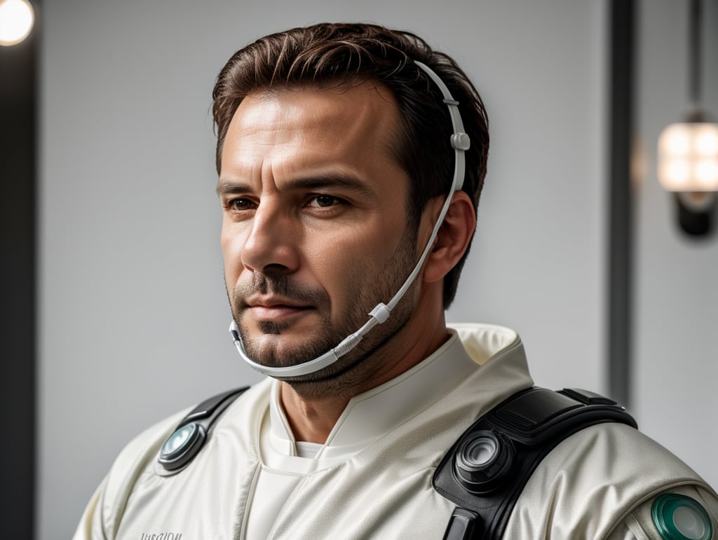 A realistic photo of a man wearing medical protective suit, isolated, white background