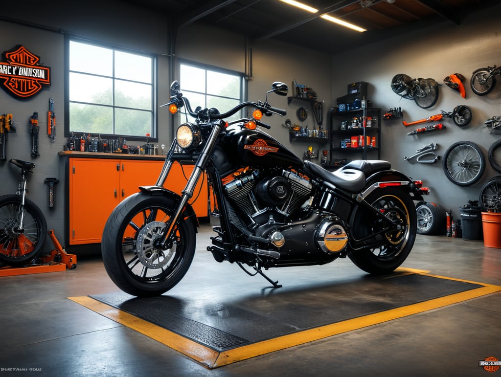 Black chrome Harley-Davidson Softail Breakout flat handlebar inside a garage, must be visible the motorcycle is inside a garage, mechanic tools, clean image, incredible graphics, 4, in ride 5 style