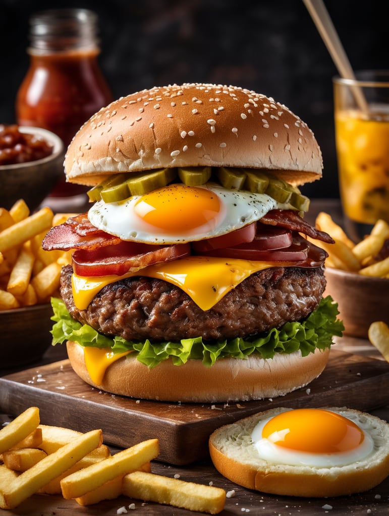 high quality cinematic food explosion hamburger with egg bacon cheese pickles ketchup fries