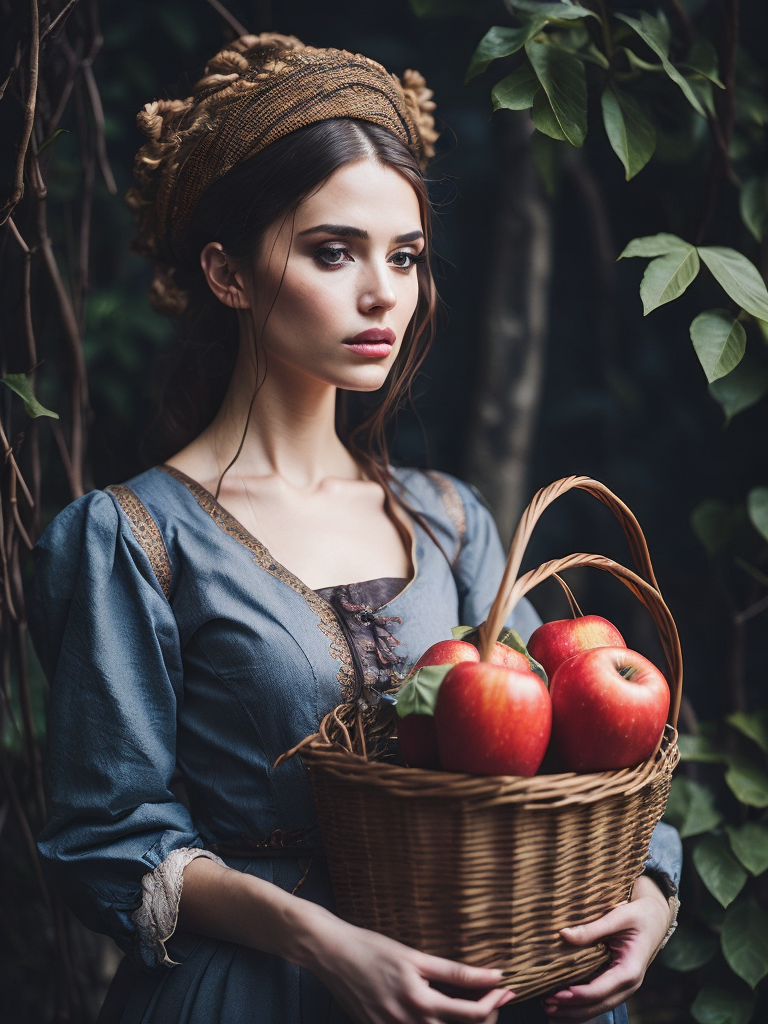 Portrait of a Beautiful women from Russian fairy tale wearing traditional costume holds wicker basket with apple