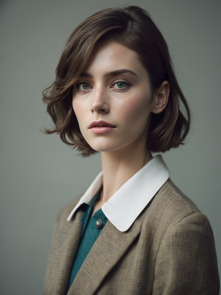 portrait of twenty years old girl with green eyes, 1964 year, sixties, 1960's haircut, Britain culture, light and pastel colours, 8k, kodak film colour, 35mm lens