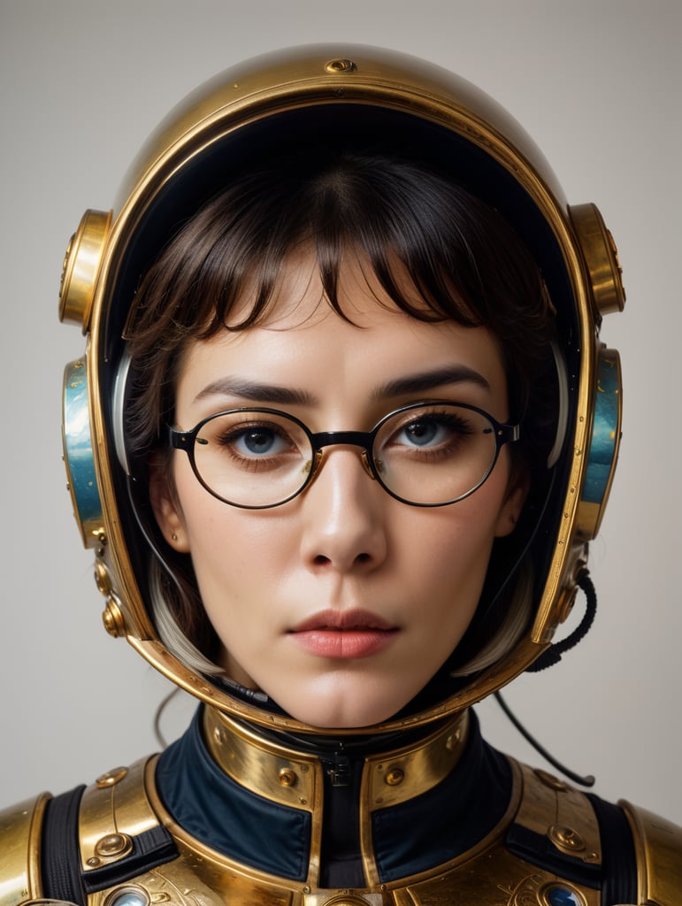 In 1998, abstract fashion photography captured a 1960s astronaut woman in a gold spacesuit with a large helmet and glasses. The art, created by Victor Moscoso and Bridget Riley, used Kodak Ektar 100 film. Carne Griffiths added a touch of magic with fluid art, while artists like Conrad Roset, Ilya Kuvshinov, Mark Fielding, and Zwy Studio emphasized high lights in the eyes. Sergio Lopez and Natalie Shau also contributed to the artwork.