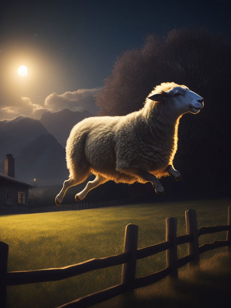 Photo realistic young sheep jumping over a fence in a field behind a house at night with a bright moon