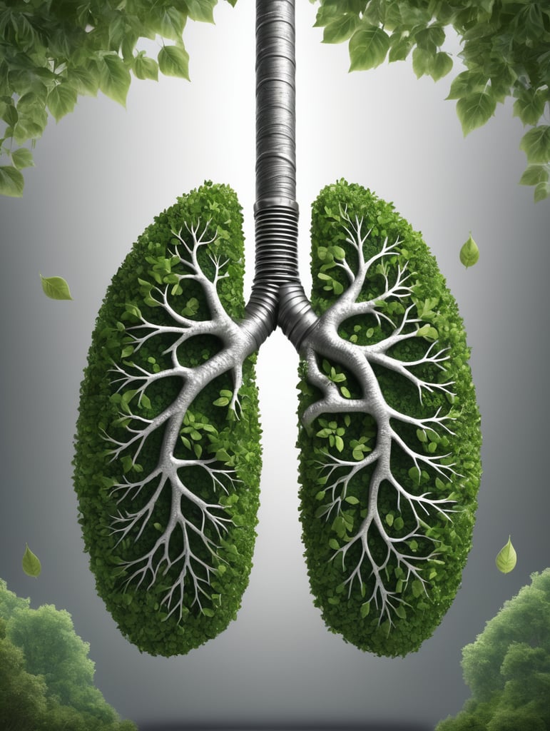 On a sparkling lead gray background, a lung made of trees filled with green leaves, a sensation of breath and relief. technological, brilliant, majestic. Surrealism, orthography, ultra wide field of view, ultra high definition quality, high detail, aesthetics, natural lighting, ultra high quality, depth of detail, level of detail, high quality, high-definition 3D rendering, realistic rendering