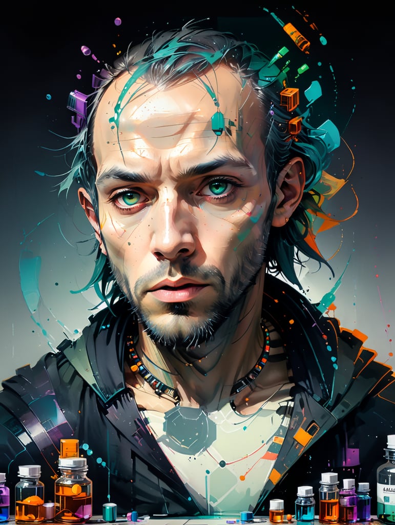 Casimir Funk in a lab with some vitamin capsules on the table, looking at the camera