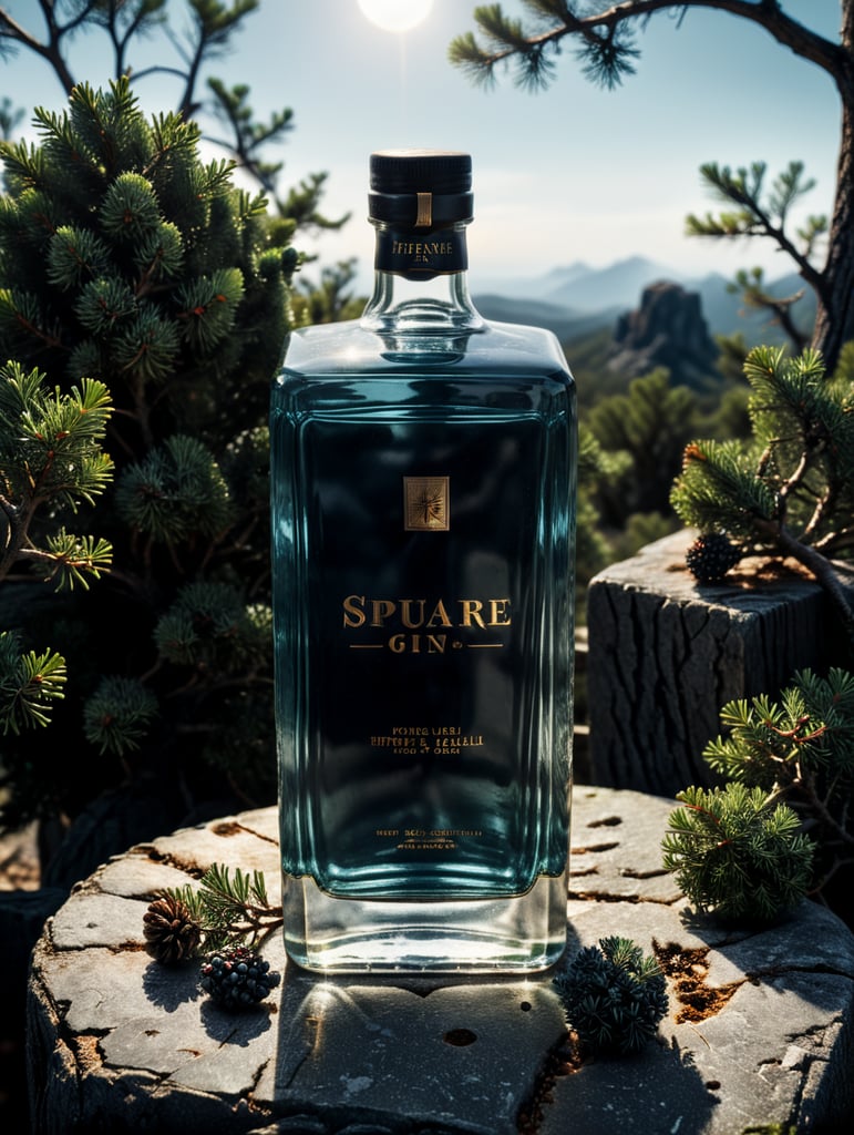 professional photography of a square gin bottle, square bottle, surrounding a juniper and juniper berries, one shot of gin in a front, no label, clear, mockup