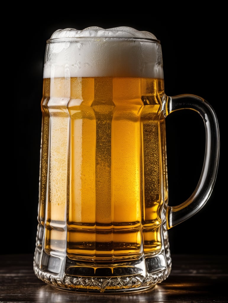 glass beer mug, isolated, black background, professional photo