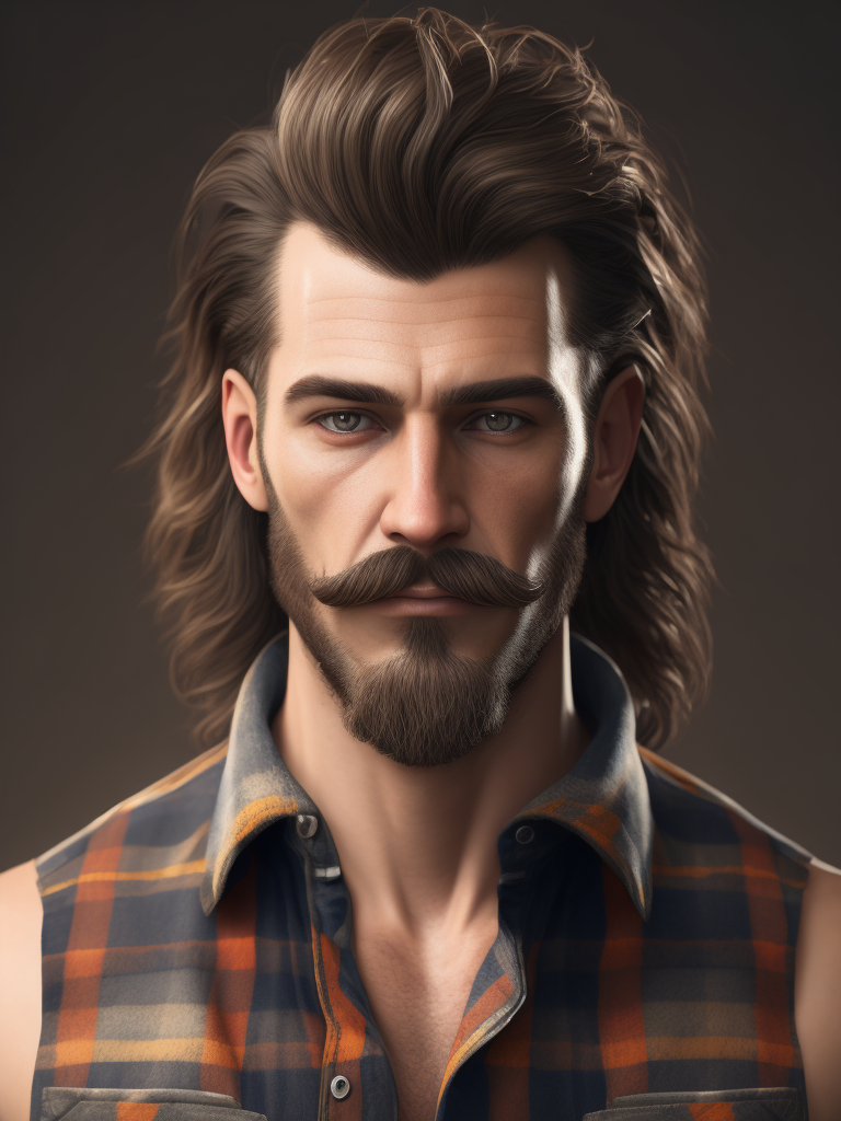 portrait of redneck man, plaid sleeveless shirt, horseshoe mustache, mullet haircut