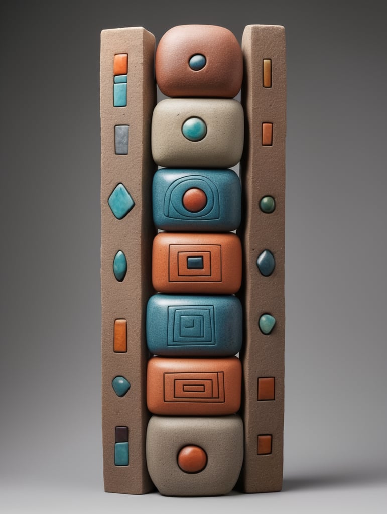 Tótem de cerámica de 5 figuras geométricas de materiales rocosos y en medio del Tótem una piedr de color vibrante en material semitraslucido. Mucho margen