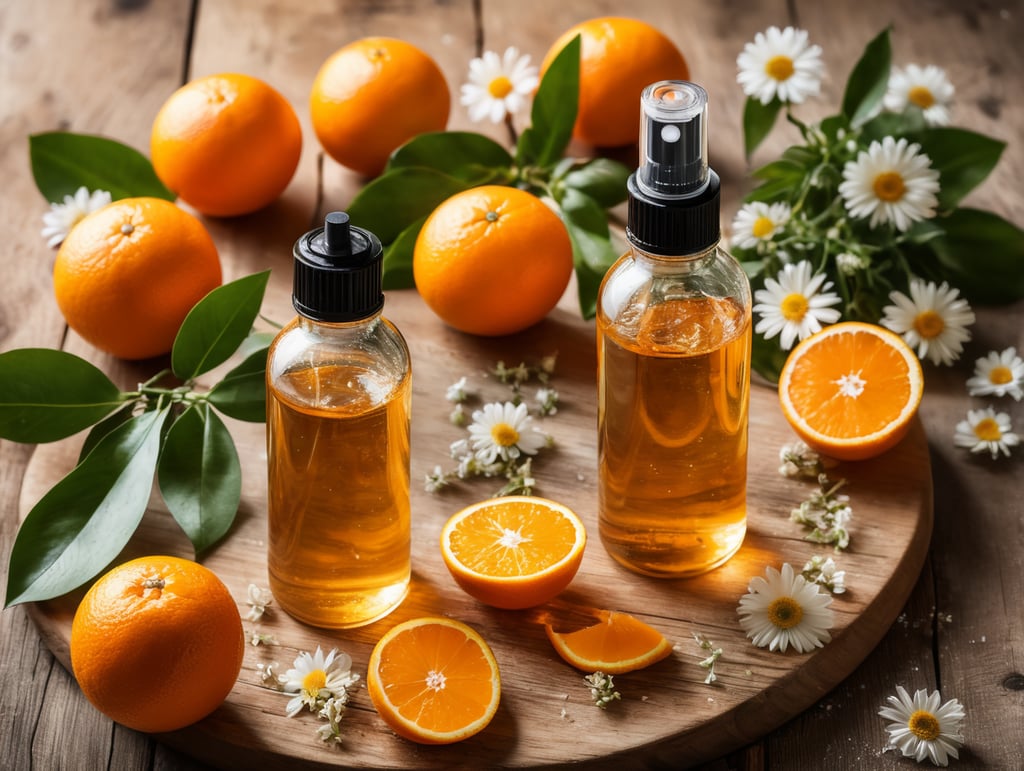 agua, vinagre y esencia de naranja sobre una mesa de madera, con flores al rededor y una atomizador, vistos desde arriba