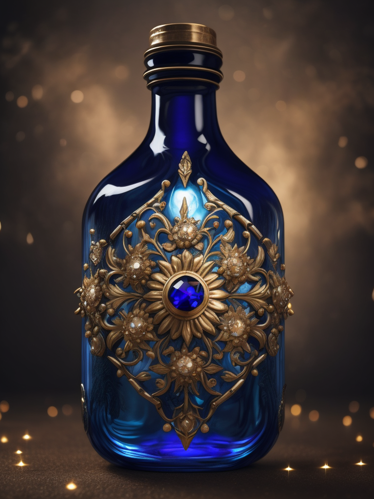 Magic elixir bottle from, carved glass, decorated with flowers and gems, fairy atmosphere, illumination, dark blue color, smoke