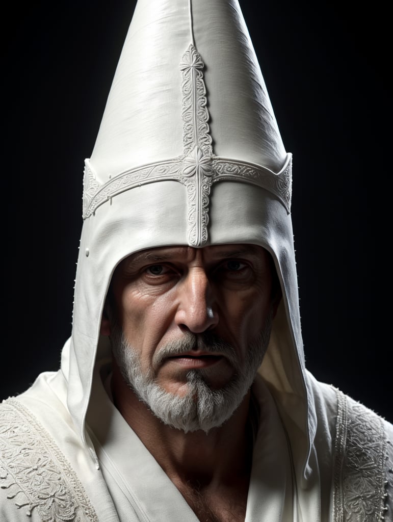 klan kkk man in blank white robe and long white cone shaped hat, medieval, fantasy