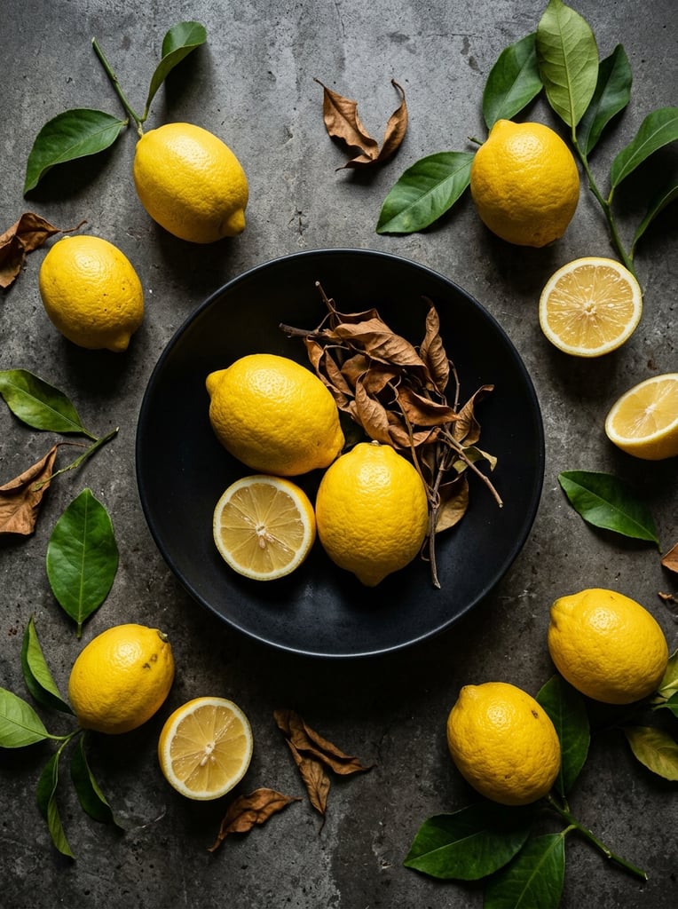 A rustic top-down flat lay features vibrant yellow lemons scattered across a mottled dark grey concrete surface. A centered matte black shallow bowl holds two whole lemons, a halved lemon exposing its juicy segments, and curled, dried brown leaves. Surrounding the bowl are more whole and cut lemons, desiccated foliage, and fresh green citrus leaves on thin stems. Soft directional lighting casts deep shadows, highlighting the pitted rind textures against the stark, moody background to create a striking, high-contrast food photography still life.