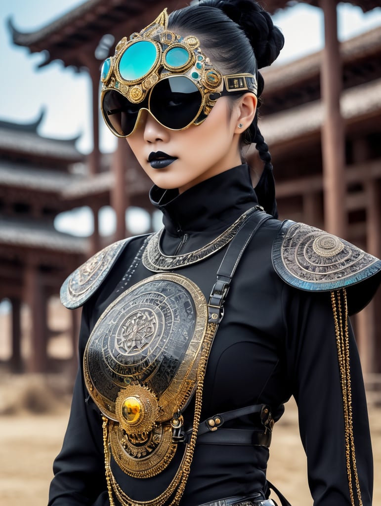 Jeweled mask, solarpunk travaler, futuristic mongolian nomad, traditional japanese outfit, gothic, avant garde glasses, technical outfit, construction worker, full body, women posing, epic portraiture, culturally diverse elements, full body, award winning photography, tinted light, modern african high fashion, futuristic experimental fashion photograghy, gothic avant garde, religious iconography, thick jewelry, abstract painted dress, matt black mask